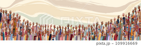 Many black skin African American men women children seniors  group raised hand holding a heart with flag colors for Black History Month event. Racial equality. Banner poster copy space 109916669