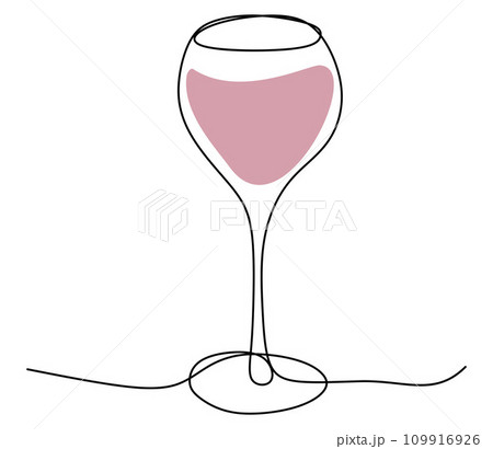 Continuous single line drawing of glass with Red wine. Minimalist line art of wineglass with red spot. Vector outline isolated illustration for restaurant logo, Menu, Card. Alcohol drink and beverage. 109916926