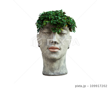 plaster stand for flowers in the form of a human face on a white background 109917202
