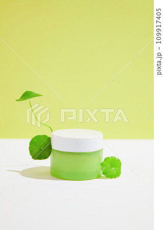 A jar of lotion and fresh pennywort leaves displayed on a white table with a pastel background. Nutrients from pennywort help increase skin moisture with Saccharide ingredients. A jar of lotion and fresh pennywort leaves displayed on a white table with a pastel background. Nutrients from pennywort help increase skin moisture with Saccharide ingredients. 109917405