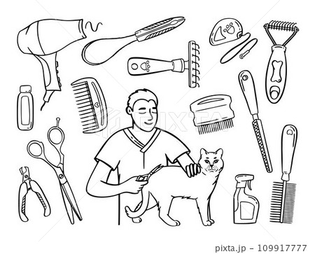 Pet grooming set. Salon for animals. Doodle style animal and character hand drawn. Vector illustration. Pet grooming set. Salon for animals. Doodle style animal and character hand drawn. Vector illustration. 109917777