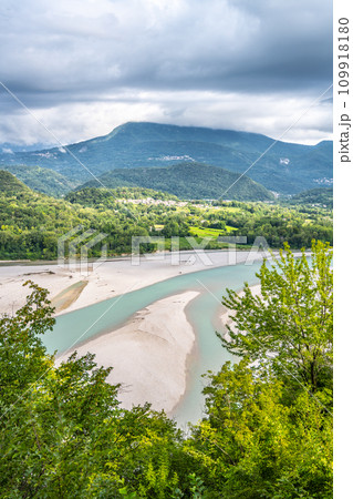 Wide valley of Tagliamento River near Pinzano, Friuli, Italy Wide valley of Tagliamento River near Pinzano, Friuli, Italy 109918180