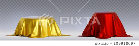 3D round podiums covered with gold red silk cloth 109918697