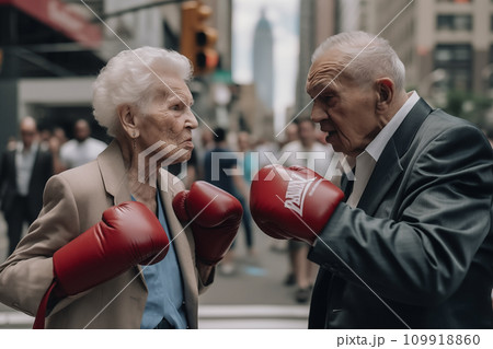 Pensioners boxing on street in USA. Grandmother boxing with grandfather. 109918860