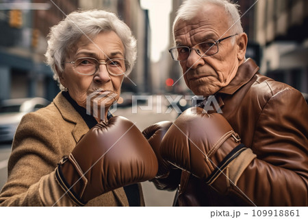 Pensioners boxing on street in USA. Grandmother boxing with grandfather. 109918861