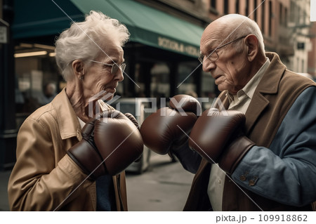 Pensioners boxing on street in USA. Grandmother boxing with grandfather. Pensioners boxing on street in USA. Grandmother boxing with grandfather. 109918862