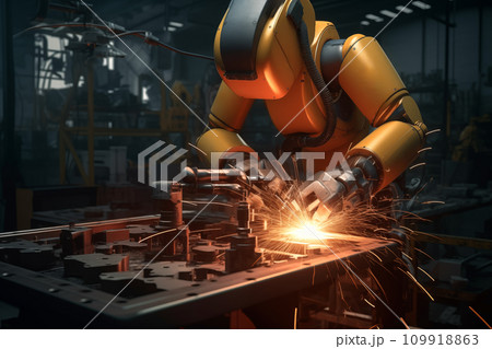 Robotic Welding. Robots welding in workshop of industrial plant.  109918863