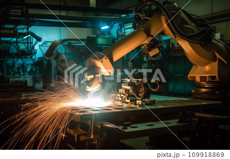 Robotic Welding. Robots welding in workshop of industrial plant.  109918869