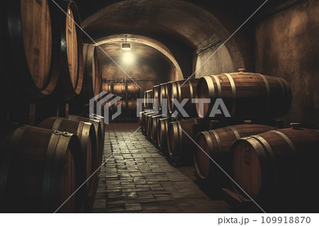Wine barrels in a wine cellar. Oak Wine Barrels in winemaking and Winery Barrel room. Wine barrels in a wine cellar. Oak Wine Barrels in winemaking and Winery Barrel room. 109918870