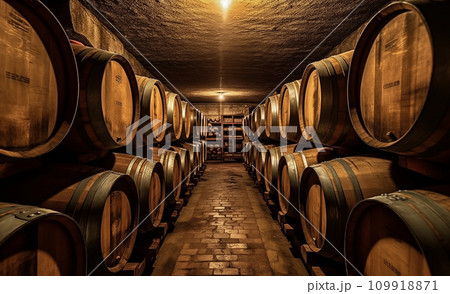 Wine barrels in a wine cellar. Oak Wine Barrels in winemaking and Winery Barrel room. 109918871