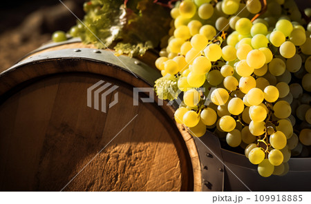 Wine Glass with Chardonnay Grapevine tasting. Vino Degustation in wine cellar. 109918885