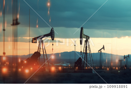 Oil drill rig and drilling derrick. Crude oil Pumpjack on oilfield on sunset.  109918891