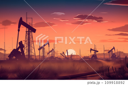 Oil drill rig and drilling derrick. Crude oil Pumpjack on oilfield on sunset. Oil drill rig and drilling derrick. Crude oil Pumpjack on oilfield on sunset. 109918892