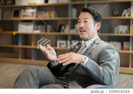 インタビューを受けるスーツを着たビジネスマン　社長や経営者や教授などのイメージ　上半身 109919208