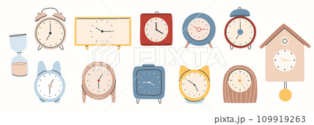 Different types of watches in trendy style. Clock poster set. Fashionable hand-drawn style.Print, poster, banner.Vector Different types of watches in trendy style. Clock poster set. Fashionable hand-drawn style.Print, poster, banner.Vector 109919263