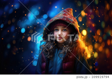 AI-generated content. Cute girl on golden twinkle lights background 109919794