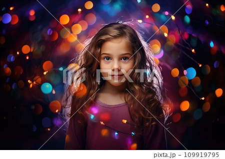 AI-generated content. Cute girl on golden twinkle lights background 109919795