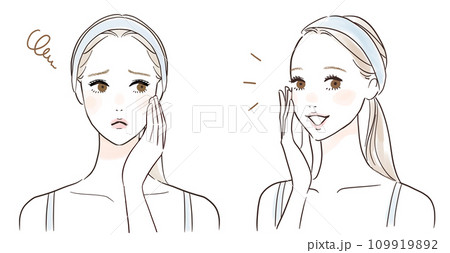 肌を触って困る、悩む女性と笑顔の女性のセット 肌を触って困る、悩む女性と笑顔の女性のセット 109919892