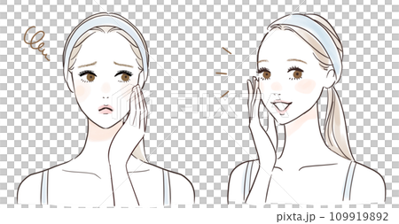 一組憂心忡忡的女人和一位微笑的女人,她們無法觸摸自己的皮膚 一組憂心忡忡的女人和一位微笑的女人,她們無法觸摸自己的皮膚 109919892