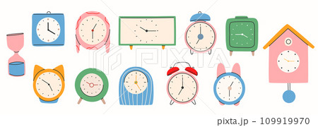 Different types of watches in trendy style. Clock poster set. Fashionable hand-drawn style.Print, poster, banner.Vector 109919970