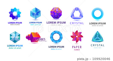 Vector set of abstract origami, geometric logos. Company business design elements, hexagon shapes, graphic signs Vector set of abstract origami, geometric logos. Company business design elements, hexagon shapes, graphic signs 109920046