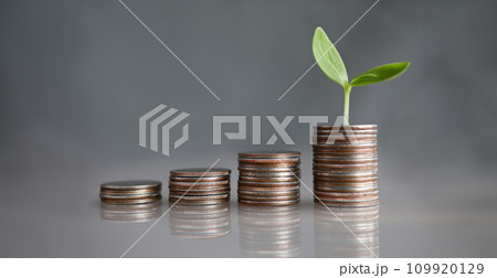 Chart tower with silver metall coin against gray background 109920129