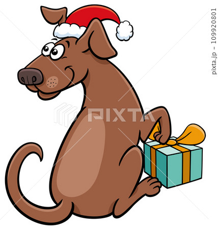 funny cartoon brown dog with Christmas present 109920801