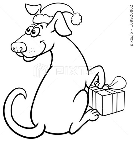 funny cartoon dog with Christmas present coloring page 109920802