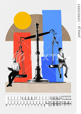 Contemporary art collage. Two businessman sitting on vintage scales and communicating with business partners and working online. 109920993