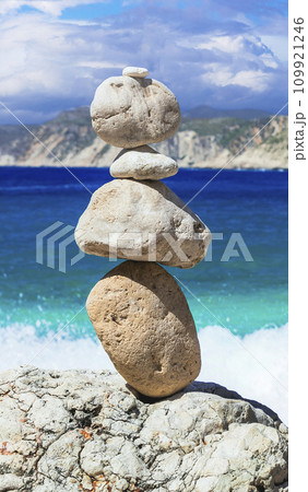 Scenic beaches of beautiful Cephalonia (Kefalonia) island - Agia Eleni with picturesque rocks and stone's piramids. Greece , Ionian islands 109921246