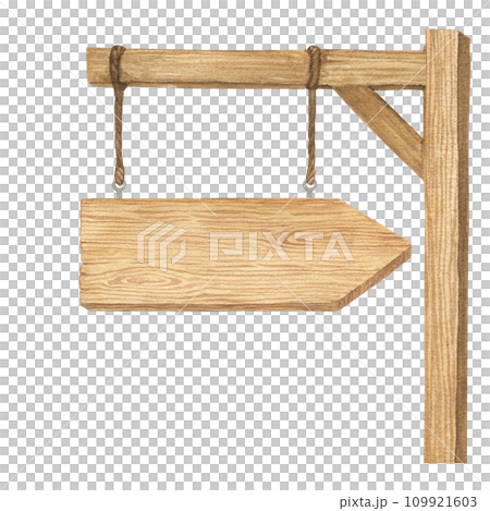 Watercolor illustration of wood sign holder, wooden arrow-shaped plank or direction pointer signpost isolated. Handmade. Watercolor illustration of wood sign holder, wooden arrow-shaped plank or direction pointer signpost isolated. Handmade. 109921603
