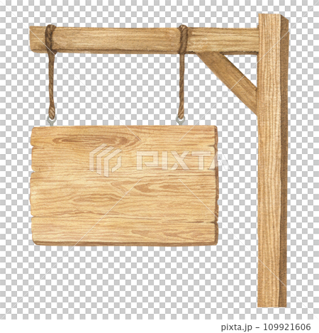 Watercolor illustration of wood sign holder, wooden plank or direction pointer signpost isolated. Handmade. Watercolor illustration of wood sign holder, wooden plank or direction pointer signpost isolated. Handmade. 109921606