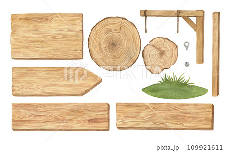 Watercolor illustration set of wood texture, wooden planks or direction pointer signpost, grass, pole, sign holder, wood cuts isolated. Handmade. Watercolor illustration set of wood texture, wooden planks or direction pointer signpost, grass, pole, sign holder, wood cuts isolated. Handmade. 109921611