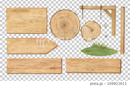 Watercolor illustration set of wood texture, wooden planks or direction pointer signpost, grass, pole, sign holder, wood cuts isolated. Handmade. Watercolor illustration set of wood texture, wooden planks or direction pointer signpost, grass, pole, sign holder, wood cuts isolated. Handmade. 109921611