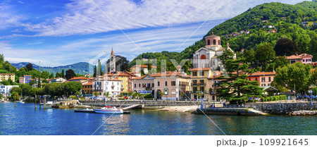 scenic Italian lakes.  Lago Maggiore. beautiful Laveno Mombello town. north of Italy 109921645