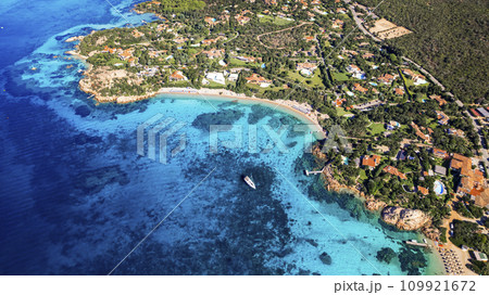Italy summer holidyas . Sardegna island - stunning Emerald coast (costa smeralda) with most beautiful beaches - Celvia, Capriccioli, Elefante. Aerial drone view Italy summer holidyas . Sardegna island - stunning Emerald coast (costa smeralda) with most beautiful beaches - Celvia, Capriccioli, Elefante. Aerial drone view 109921672