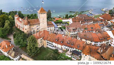 Switzerland travel and landmraks. Charming medieval town Murten (Morat) in scenic lake. aerial drone panoramic view. Idyllic places of Switzerland. canton Fribourg 109921674