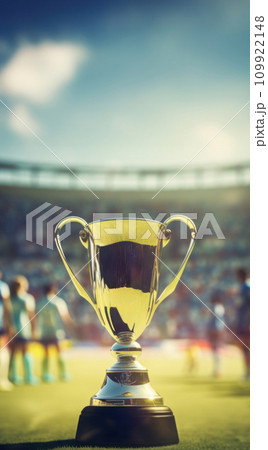 AI-generated content. Golden trophy, award standing in green grass, tennis field with sportsmen over blurred tribune with fans 109922148