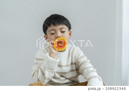 一輪の花を持った男の子　ポートレート 109922348