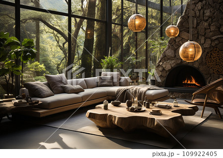 Modern interior design room with panoramic windows 109922405