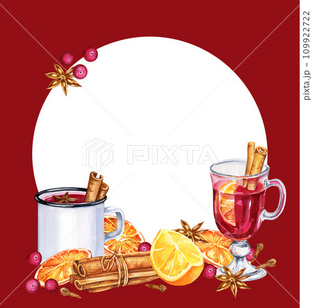 Watercolor white circle frame with a white mug and glass of mulled red wine and orange, cinnamon, berries and spices, hand drawn winter sketch, food illustration of drink on purple background 109922722
