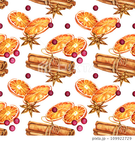 Watercolor seamless pattern with ingredients of mulled wine, orange, cinnamon, berries and spices, hand drawn sketch, food illustration isolated on white background 109922729