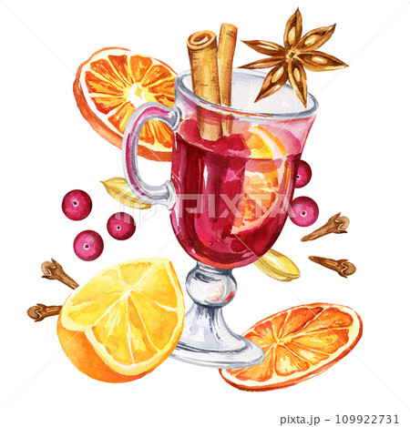 Watercolor composition with a glass of mulled red wine and ingredients, orange, cinnamon, berries, cloves, hand drawn sketch, illustration of drink isolated on white background 109922731