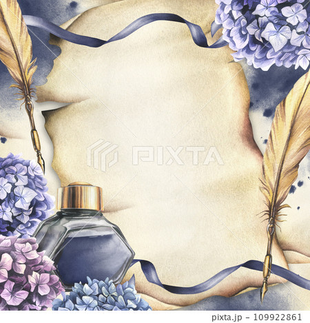 Inkwell with blue ink, gold pen, hydrangea flowers, ribbons, blots and splashes. Hand drawn watercolor illustration. Frame, square template for text on a paper scroll background. 109922861