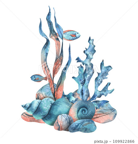 Underwater world clipart with sea animals fishes, shells, coral and algae. Hand drawn watercolor illustration. Set of isolated objects on a white background. 109922866