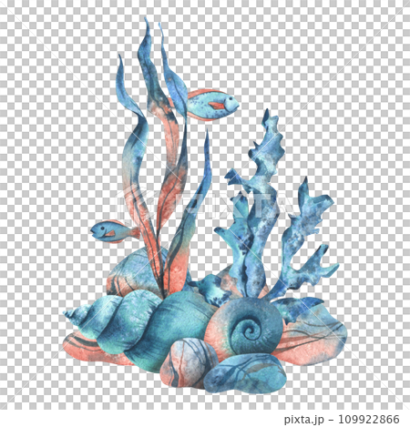 Underwater world clipart with sea animals fishes, shells, coral and algae. Hand drawn watercolor illustration. Set of isolated objects on a white background. 109922866