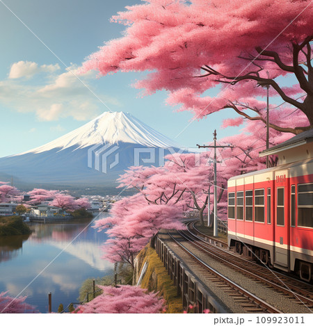 春の桜並木を走る電車のイラスト素材 [109923011] - PIXTA