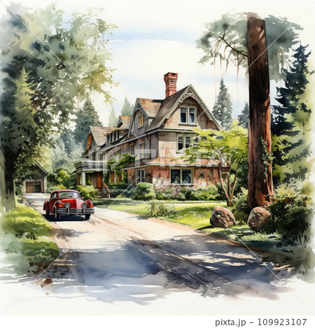 Watercolor painting of an old American house in the park with the car. Generative AI 109923107