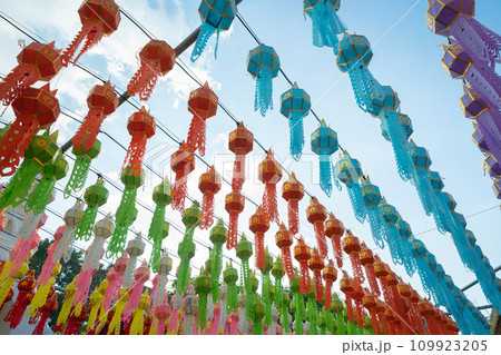 Colorful lanterns or lamps in travel trip and holidays vacation concept. Traditional festival in Harikulchai Temple, Lamphun, Thailand. Traditional ceremony in Asia. Celebration Colorful lanterns or lamps in travel trip and holidays vacation concept. Traditional festival in Harikulchai Temple, Lamphun, Thailand. Traditional ceremony in Asia. Celebration 109923205