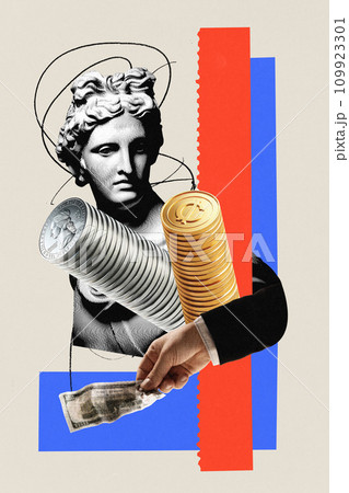 Contemporary art collage. Antique monument in black and white filter holding a large number of coins and banknotes. 109923301